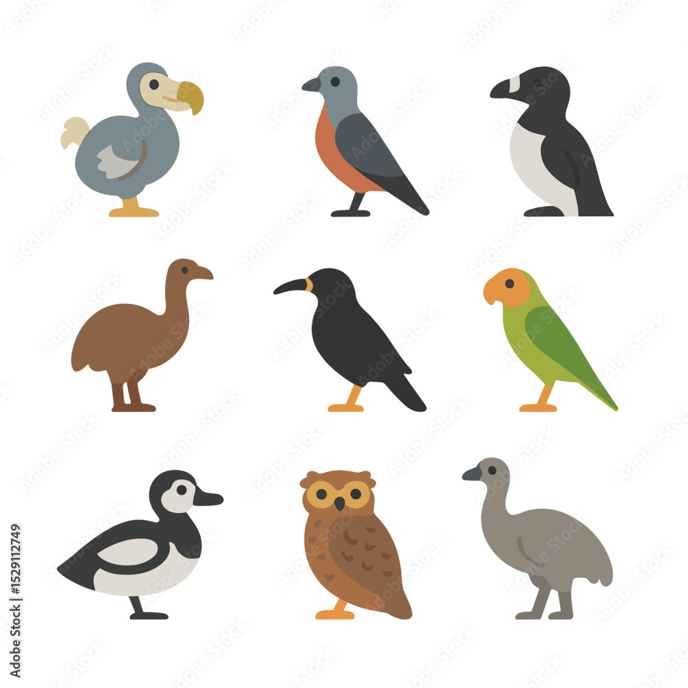 Obraz premium Extinct Birds Icons. Flat icon set of extinct birds: dodo, passenger pigeon, great auk, moa, huia, Carolina parakeet, labrador