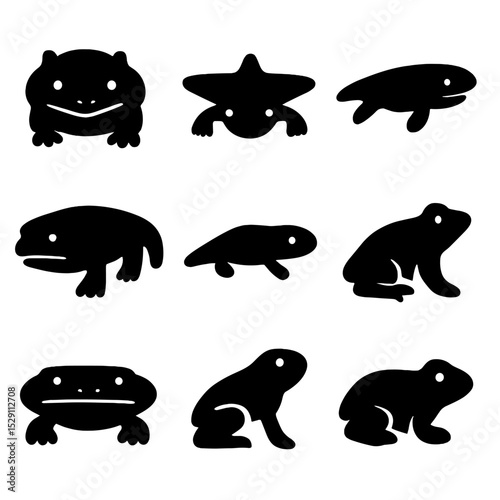 Extinct Amphibians Icons. Solid, Filled icon set of extinct amphibians and early tetrapods: beelzebufo, diplocaulus, koolasuchus,