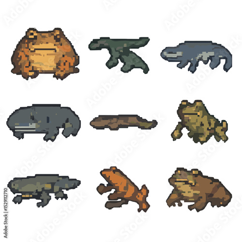 Extinct Amphibians Icon Set. Pixel art icon set of extinct amphibians and early tetrapods: beelzebufo, diplocaulus, koolasuchus,
