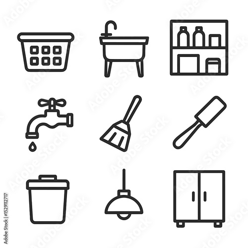 Laundry Room Essentials. Outline icon set of laundry room essentials: laundry basket, utility sink, supply shelf, water tap, broom