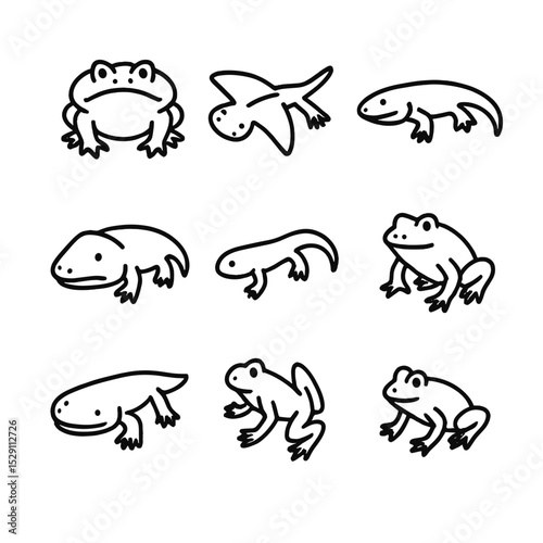 Extinct Amphibians Icons. Outline icon set of extinct amphibians and early tetrapods: beelzebufo, diplocaulus, koolasuchus,