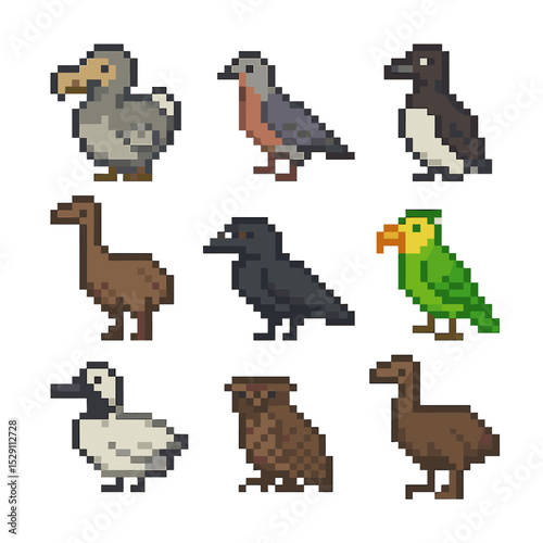 Extinct Bird Icons. Pixel art icon set of extinct birds: dodo, passenger pigeon, great auk, moa, huia, Carolina parakeet, labrador