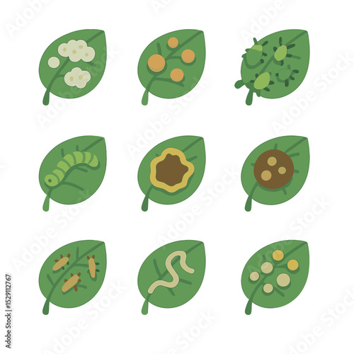 Leaf Disease Icons. Isometric Flat icon set of leaf diseases and pests: powdery mildew spot, leaf rust pustule, aphid cluster,