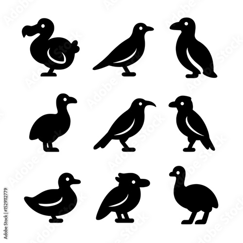 Extinct Birds Icon Grid. Solid, Filled icon set of extinct birds: dodo, passenger pigeon, great auk, moa, huia, Carolina parakeet,
