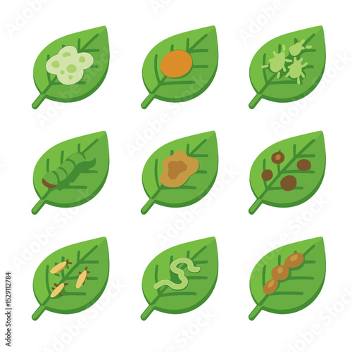 Leaf Disease Icons. Isometric Flat icon set of leaf diseases and pests: powdery mildew spot, leaf rust pustule, aphid cluster,