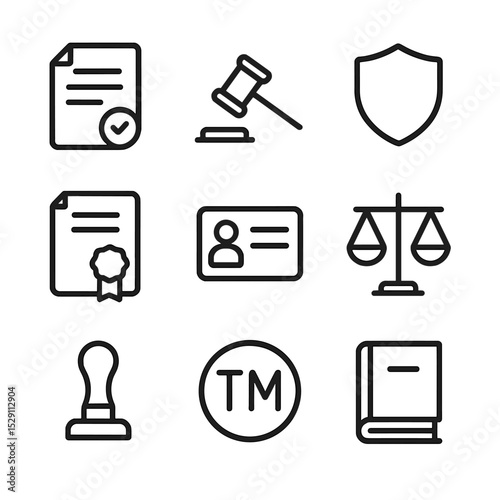 Legal Icons Set. Outline icon set of legal compliance and documents: contract, gavel, shield, certificate, ID card, scales of