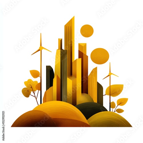 Vibrant flat illustration of a modern city skyline with wind turbines, surrounded by rolling hills and abstract shapes, representing sustainable urban development and eco-friendly living