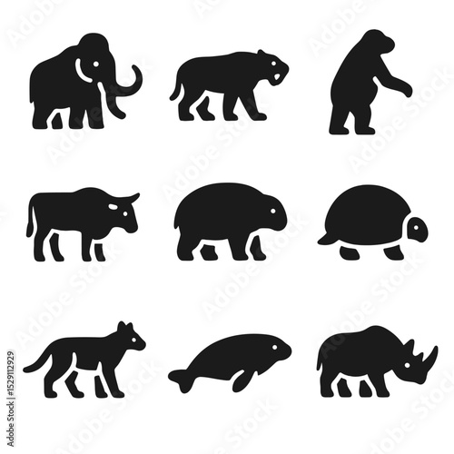 Extinct Megafauna Icons. Solid, Filled icon set of extinct megafauna: woolly mammoth, saber-toothed cat, giant ground sloth,
