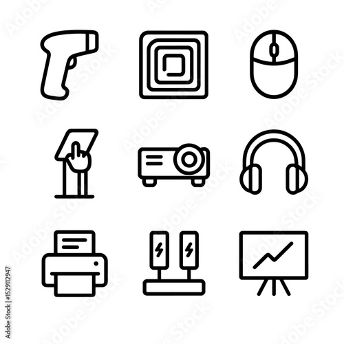 Library Tech Icons. Outline icon set of library technology tools: barcode scanner, RFID tag, computer mouse, touchscreen kiosk,