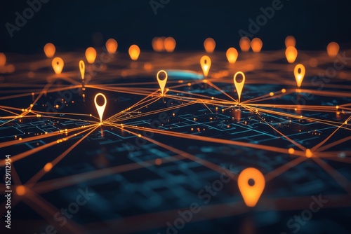 A digital map with glowing orange location pins connected by illuminated lines, representing a network or geospatial data visualization.
