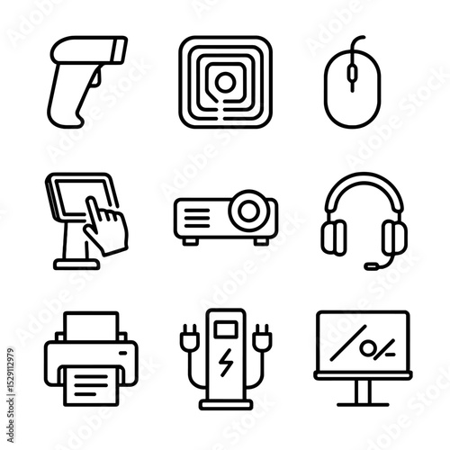 Library Tech Icons. Outline icon set of library technology tools: barcode scanner, RFID tag, computer mouse, touchscreen kiosk,