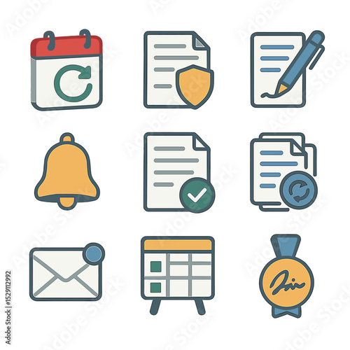 License Renewal Icons. Isometric Flat icon set of license renewal and amendment: calendar with refresh arrow, amendment form,