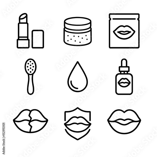Lip Care Icons. Outline icon set of lip care essentials: lip balm stick, lip scrub jar, lip mask packet, exfoliating brush,