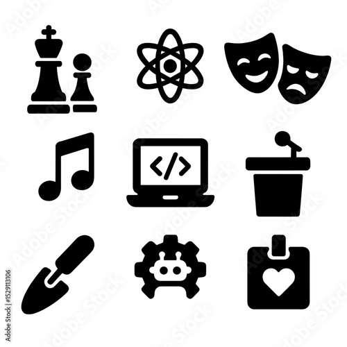 Extracurricular Club Icons. Solid, Filled icon set of extracurricular clubs: chess club, science club, drama mask, music notes,