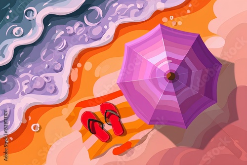 Colorful beach scene featuring a vibrant purple umbrella, red flip-flops, and gentle waves lapping at the sandy shore, evoking a relaxing summer atmosphere with bright sunlight