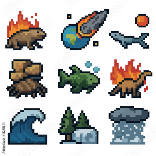 Extinction Events Icon Grid. Pixel art icon set of mass extinction events: permian-triassic, cretaceous-paleogene,