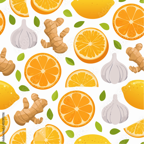 Immune-Boosting Foods Seamless Vector Pattern Citrus, Ginger, Garlic