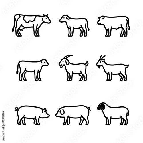 Livestock Line Icons. Outline icon set of livestock species and breeds: Holstein cow, Jersey cow, Angus bull, Charolais calf, Boer