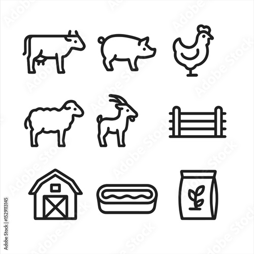 Livestock Icon Set. Outline icon set of livestock farming: cow, pig, chicken, sheep, goat, pasture fence, barn, water trough,