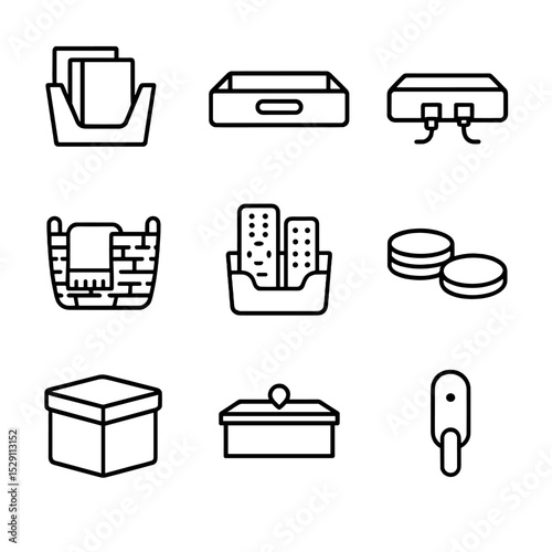 Living Room Organizers Icons. Outline icon set of living room declutter: magazine holder, tray, cable box, blanket basket, remote