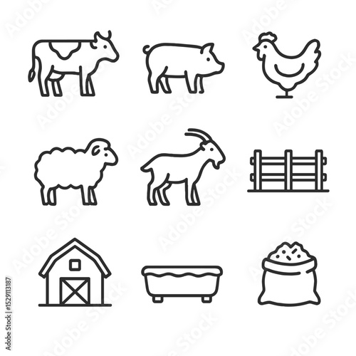 Livestock Icon Set. Outline icon set of livestock farming: cow, pig, chicken, sheep, goat, pasture fence, barn, water trough,