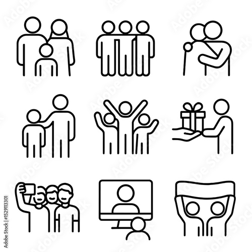 Family and Friends Icons. Outline icon set of family and friends: parent figures, friend group, hugging embrace, proud parent,