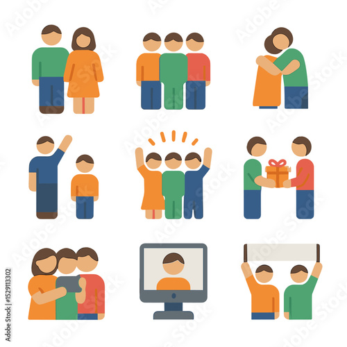 Family and Friends Icons. Flat icon set of family and friends: parent figures, friend group, hugging embrace, proud parent,