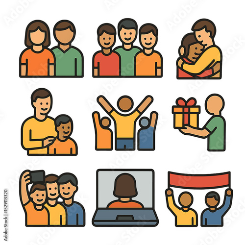 Family and Friends Icons. Flat icon set of family and friends: parent figures, friend group, hugging embrace, proud parent,