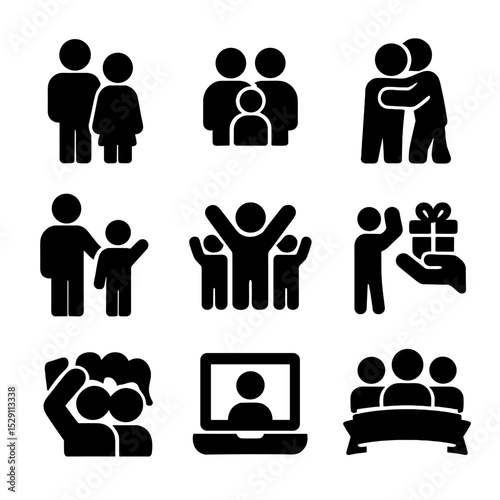 Family and Friends Icons. Solid, Filled icon set of family and friends: parent figures, friend group, hugging embrace, proud
