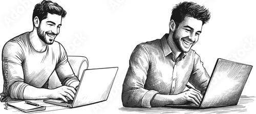 Smiling Success: Hispanic Professional Hard at working on laptop linework ink sketch hand drawn pen drawing vector illustration background