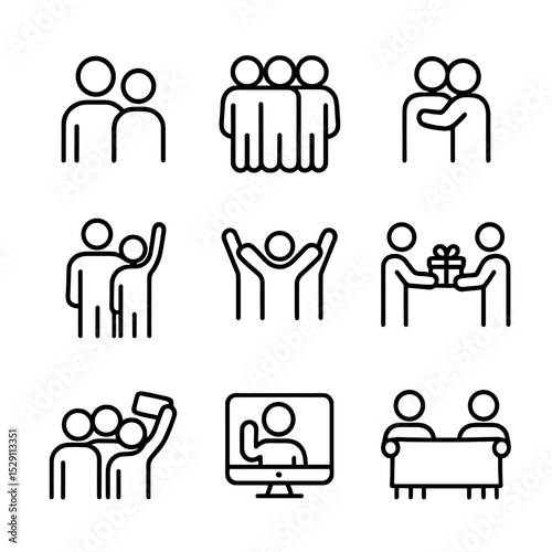 Family and Friends Icons. Outline icon set of family and friends: parent figures, friend group, hugging embrace, proud parent,