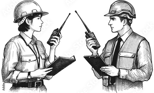 Real-Time Updates: Engineer on the Radio, Engineer using walkie talkie linework ink sketch hand drawn pen drawing vector illustration background