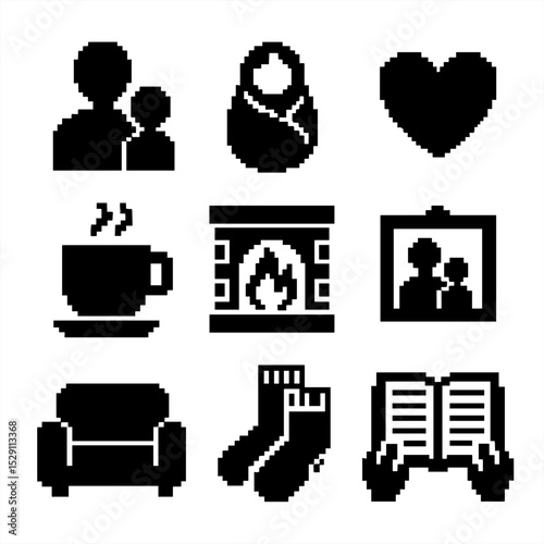 Family Bonding Icons. Pixel art icon set of family bonding: parent silhouette, child under blanket, heart icon, coffee cup,