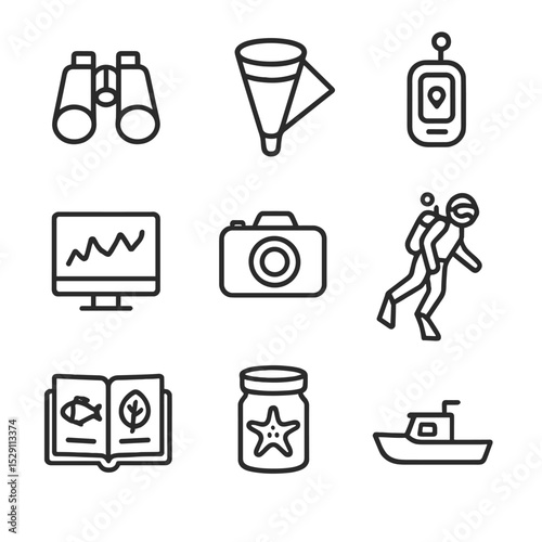 Marine Icons Set. Outline icon set of marine biodiversity monitoring: binoculars, plankton net, GPS tracker, data chart, camera,