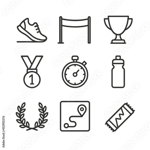 Marathon Victory Icons. Outline icon set of marathon race victory: running shoe, finish line tape, trophy cup, gold medal,