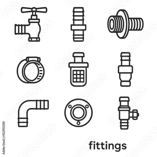 Marine Hose Icons. Outline icon set of marine hose fittings: seacock valve, hose tail, thru-hull fitting, hose clamp, hose