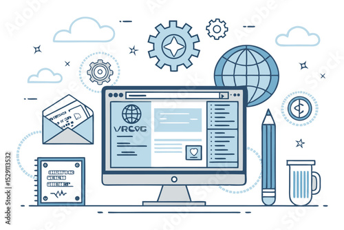 Modern Web Design and Development Vector Illustration – UI/UX, Responsive Website Layout, Coding, Frontend, Backend, App Design Elements for Digital Projects


