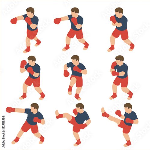 Martial Arts Icon Set. Isometric Flat icon set of striking techniques: jab punch, cross punch, hook punch, uppercut, knee strike,
