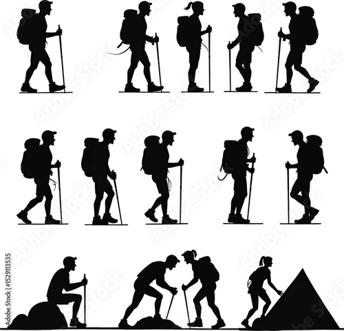 Silhouette Collection of Hikers with Backpacks and Trekking Poles on White Background.