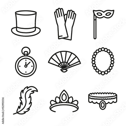 Masquerade Accessories Icons. Outline icon set of masquerade accessories: top hat, opera gloves, masquerade cane, pocket watch,