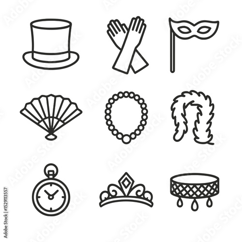 Masquerade Accessories Icons. Outline icon set of masquerade accessories: top hat, opera gloves, masquerade cane, pocket watch,