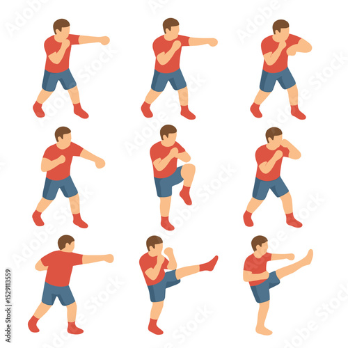 Martial Arts Icon Set. Isometric Flat icon set of striking techniques: jab punch, cross punch, hook punch, uppercut, knee strike,