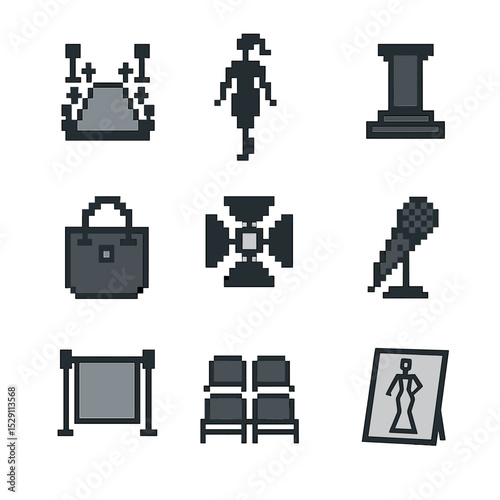 Fashion Show Icons. Pixel art icon set of runway shows: catwalk, model silhouette, podium, fashion bag, spotlight, microphone,