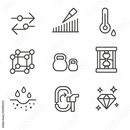 Material Property Icons. Outline icon set of material properties: conductivity symbol, hardness scale, melting point thermometer,