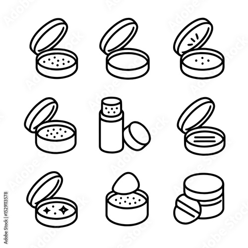 Finishing Powders Icons. Outline icon set of finishing powders: translucent powder, mattifying powder, brightening powder, HD