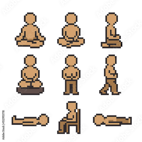 Meditation Posture Icons. Pixel art icon set of meditation postures: full lotus pose, half lotus pose, kneeling bench, seated
