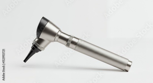 Examining ear with otoscope tool on white background