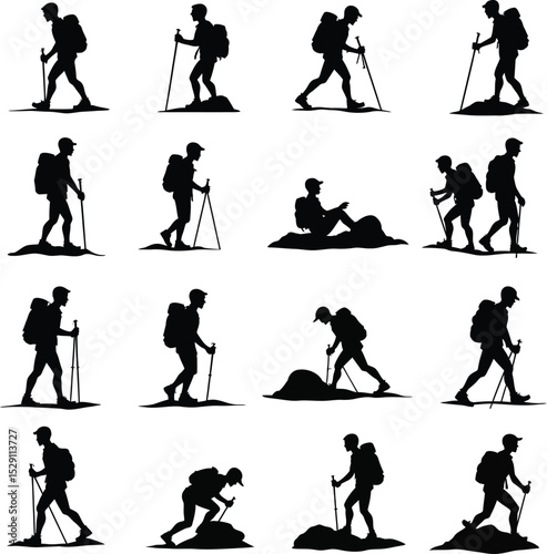 Hiking Silhouettes: A Collection of Men and Women Trekking with Backpacks and Poles.
