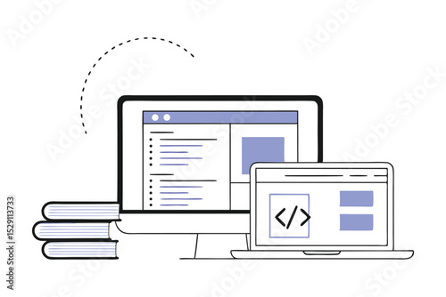 Modern Web Design and Development Vector Illustration – UI/UX, Responsive Website Layout, Coding, Frontend, Backend, App Design Elements for Digital Projects

