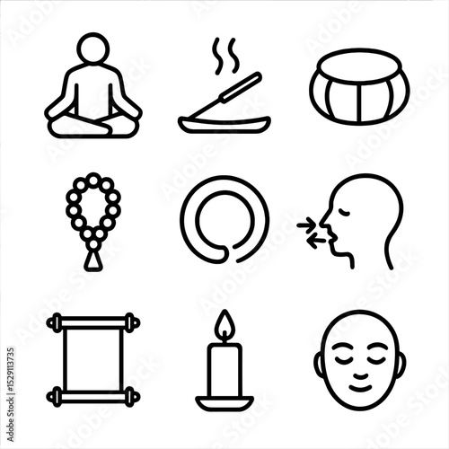 Meditation Icon Set. Outline icon set of meditation moment: lotus position, incense stick, meditation cushion, mantra beads, zen